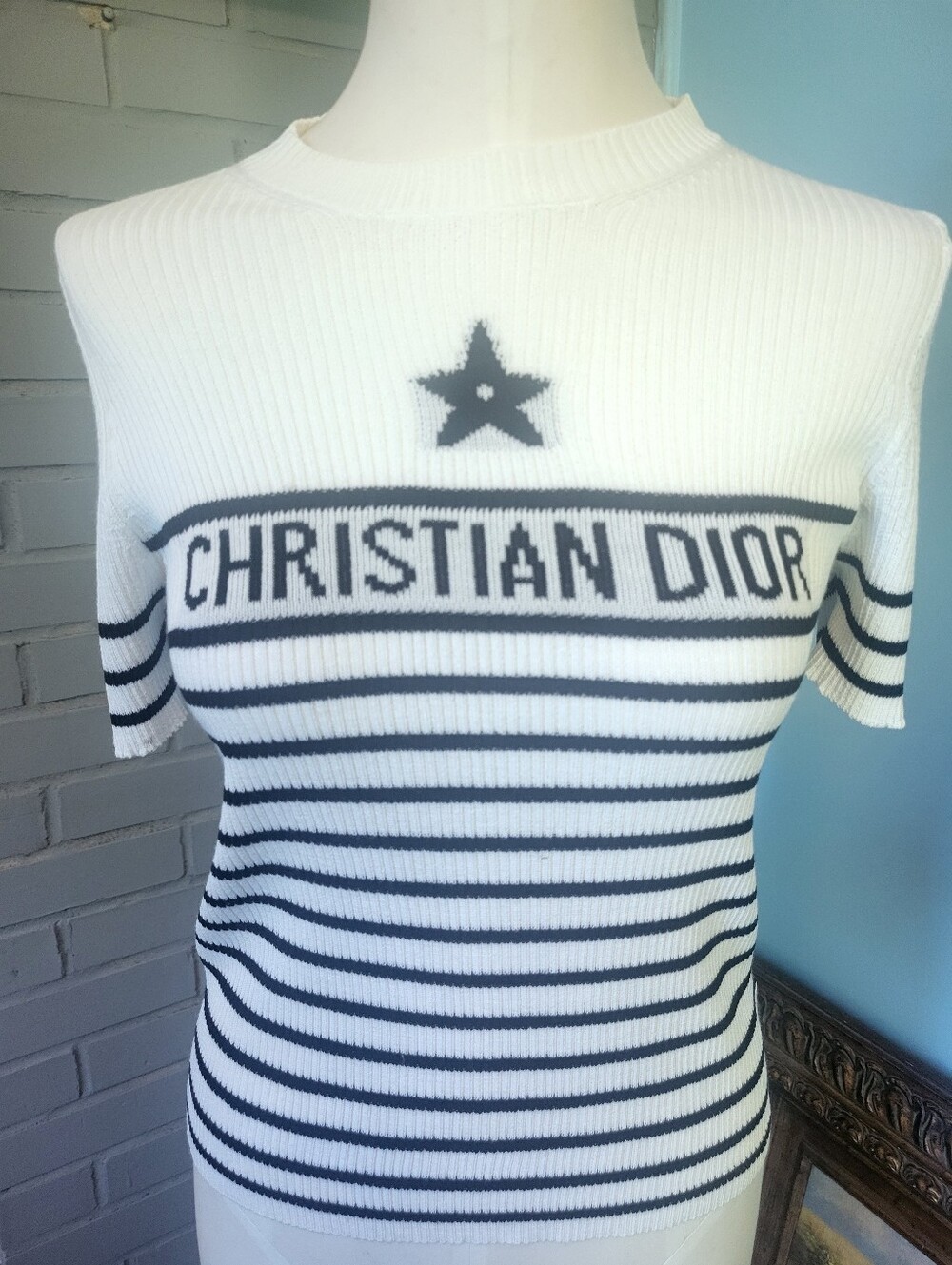 Faux Dior White and Black Striped Ribbed Knit Tee